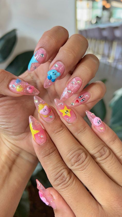 Gelx medium stiletto nails #kirby #gelxapres #stilettonail #pink Kirby Themed Nails, Kirby Inspired Nails, Amusement Park Nails, Kirby Nail Design, Rosalina Nails, Princess Peach Nail Art, Kirby Nails Acrylic, My Little Pony Theme Nails, Pikmin Nails