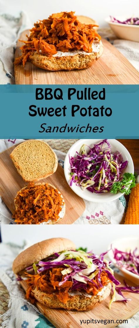 BBQ Pulled Sweet Potato Sandwiches | yupitsvegan.com. Shredded sweet potato braised in BBQ sauce makes for the perfect #vegan sandwich filling. Vegan Sandwich Filling, Shredded Sweet Potato, Vegan Grill, Burger Vegetarian, Vegan Superfoods, Potato Sandwich, Vegan Sandwiches, Taco Pizza, Vegan Bbq