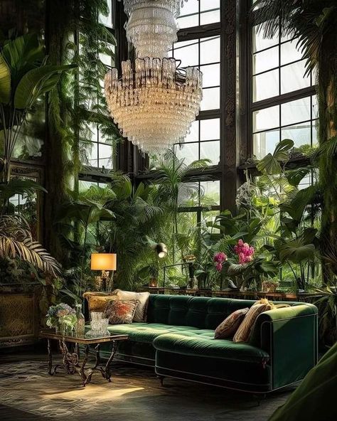 Colonial Jungle Interior, Tropical Victorian, Glass Houses, British Colonial Style, Green Decor, Outdoor Patio Decor, Dream House Interior, Green House, Colonial Style