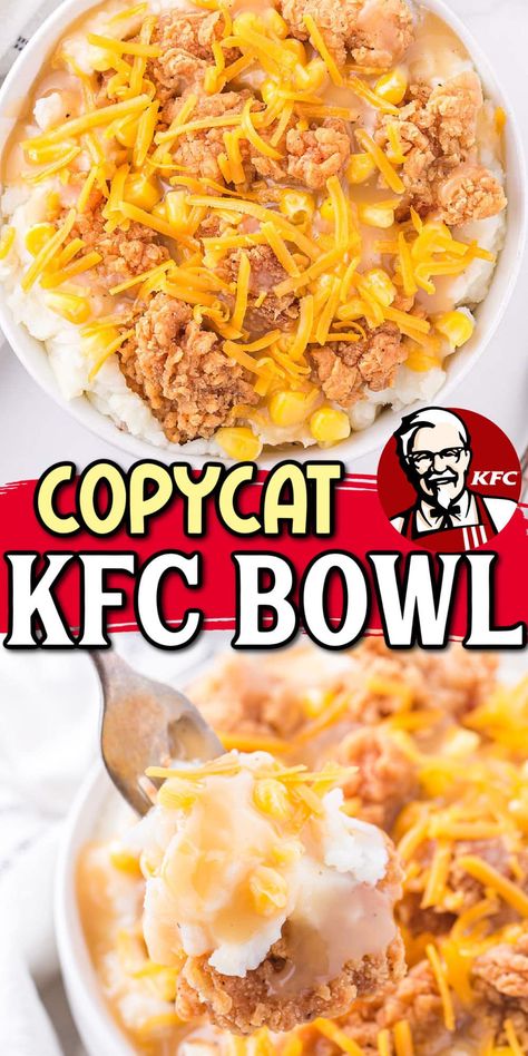 Copycat KFC Bowl Copycat Famous Bowl, Mash Potato Bowl Kfc, Kfc Casserole Bowl, Famous Chicken Bowl, Famous Kfc Bowl, Mashed Potato Bowl Kfc, At Home Kfc Bowls, Home Made Kfc Famous Bowl, At Home Fast Food