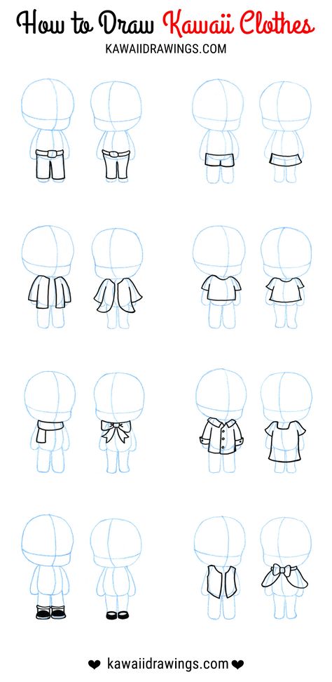 How to draw clothes for kawaii characters, kawaii drawing tutorial Chibi Art Clothes, Basic Chibi Drawing, Chibi Characters Base, Doodles To Practice Drawing, Basic Cartoon Drawing, Drawing Chibi Clothes, Kawaii Tutorial Drawing, Chibi Clothes Drawing, Drawing Basics For Kids