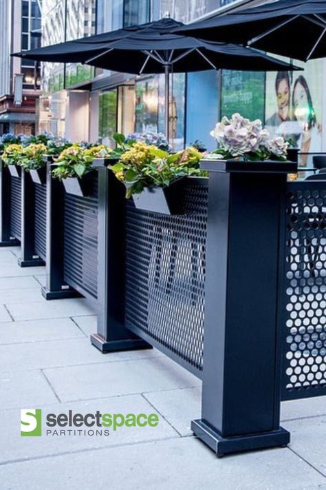 Hanging Planters and Patio Fencing Restaurant Fence Design, Restaurant Patio Fence, Restaurant Fence, Restaurant Planters, Modular Fence, Patio Fencing, Balance Food, Exterior Planter, Terrace Cafe