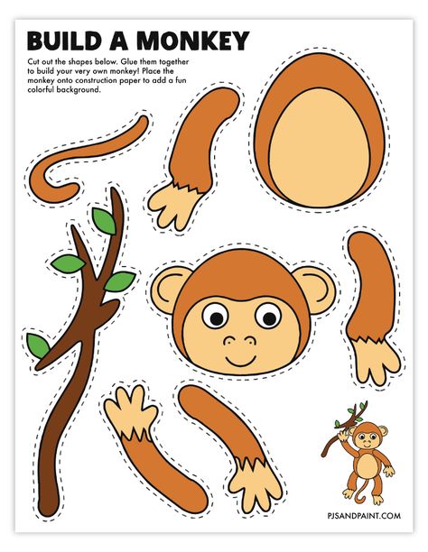 build a monkey color Pin The Tail On The Monkey, Monkey Craft Preschool, Monkey Craft For Kindergarten, Monkey Art And Craft, Monkey Crafts For Kids, Monkey Activities For Toddlers, Monkeys Preschool Activities, Animal Activity For Kids, Monkey Printables Free