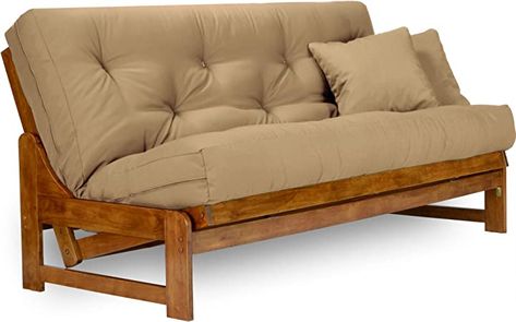 Amazon.com: Arden Futon Set - Full Size, Frame, 8" Mattress, Twill Ivory Cover : Home & Kitchen Full Size Sofa Bed, Wood Futon, Wood Futon Frame, Sofa Height, Queen Size Futon, Sofa Lounger, Full Size Futon, Futon Frames, Sofa Bed Frame