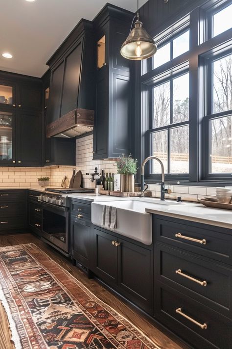 60+ Stylish Kitchens with Black Cabinets Kitchens With Black Cabinets, Black Kitchen Inspiration, Galley Kitchen Ideas, Best Countertops, Charcoal Kitchen, Black Kitchen Cabinet, Kitchen Black, Salon Suites, Black Kitchen Cabinets