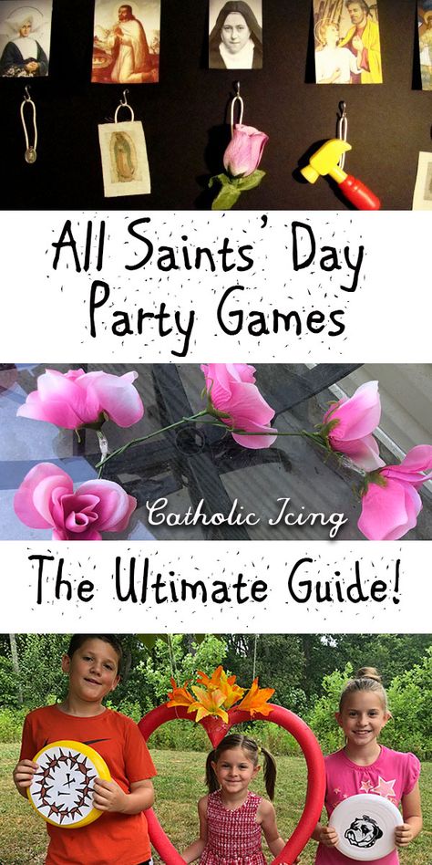 So many All Saints Day game ideas here for big or small parties! Check it out! #catholicicing #allsaintsday #catholickids #saintsforkids All Saints Day Games Ideas, All Saints Day Party Decorations, All Saints Activities For Kids, All Saints Day Party Ideas, All Saints Day Party Games, Saint Activities For Kids Catholic, All Saints Party Ideas, All Saints Party, Catholic Games For Kids