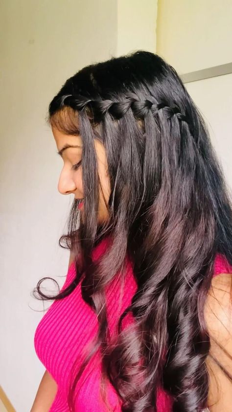 Waterfall braid by @itsmemanzi 🌸 #nupursanon #filhaal2 | Easy hairstyles, Bun hairstyles for long hair, Hair styles Tredisnal Dress Hairstyles, Pony Hairstyles For Long Hair Wedding, Straight Hairstyles For Lehnga, Hear Style Gril, Heir Stayl For Saree, Hairstyles For Fairwell Party, Trendy Hairstyles For Round Faces, Hairstyles For Plazo Dress, Bony Tail Braid Hairstyles