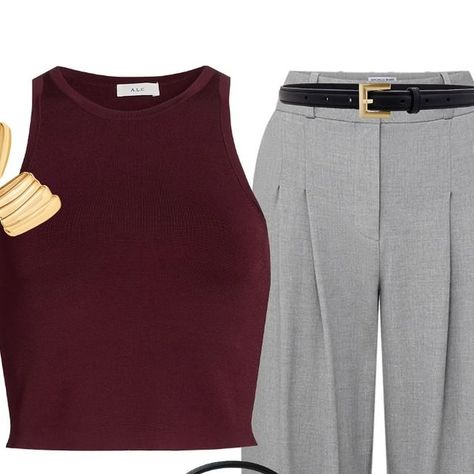 Sandra Bruno on Instagram: "A beautiful burgundy knit top paired with gray pleated trousers for a super chic office outfit. 🖤 Save this inspo for later & share it with your friends!  💫Comment LINK (and be sure you’re following me) and you will automatically get a DM with a link to the outfit straight to your inbox.  💫Shop this look in my LTK shop by clicking the link in my profile.  #outfitinspiration #outfitideas #dailyoutfit #stylingtips #ltkstyletips #ootdfashion #falloutfit #fallfashion #chicstyle #trendalert #fashionblogger #streetstyle #liketkit #burgundy #autumnoutfit #officeoutfit #officewear" Gray And Burgundy Outfit, Color Top Outfit, Chic Office Outfit, Burgundy Outfit, Soft Life, Burgundy Top, Office Outfit, Pleated Trousers, Chic Office