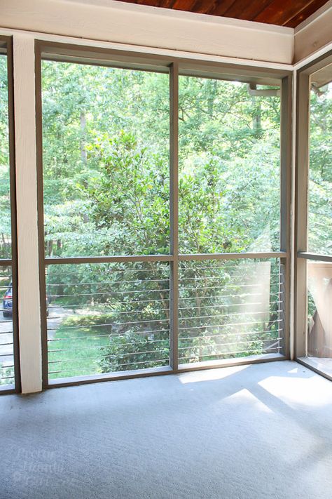 Screened In Porch Paint Color Ideas, Screen Porch Under Deck Ideas, Screen Porch With Cable Railing, Screened In Porch With Railing, Colorful Screened In Porch, Screened Porch Railing Ideas, Screen Porch Wall Ideas, Painted Screened In Porch, Screened In Porch Railing