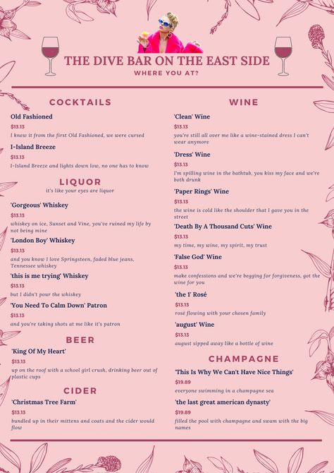 Speak Now Taylor Swift Cocktail, Taylor Swift Alcohol Lyrics, Taylor Swift Debut Drinks, Taylor Swift Inspired Alcoholic Drinks, Taylor Swift Drinking Game, 1989 Taylor Swift Party Theme, Taylor Swift Inspired Cocktails, Taylor Swift Drink Ideas, Taylor Swift Appetizers