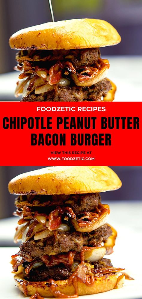 It's a wild burger but it's a mouth watering burger that will leave you wanting more. Try this Chipotle Peanut Butter Sweet Bacon Burger recipe and tell us about it. #burger #foodie #peanutbutterburger #baconburger #burgerrecipes #dinnerideas #lunchideas Burger And Peppers Recipe, Peanut Butter Bacon Burger, Crazy Burger Ideas, Pretzel Burger Recipe, Pbj Burger, Boss Burger, Wild Burger, Pretzel Burger, Peanut Butter Burger