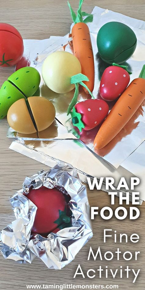 Wrap the Food - Fine Motor Activity. This is an easy way for toddlers and preschoolers to develop fine motor skills. Perfect if you're trying to teach kids about nutrition and healthy eating. #finemotor #toddlers #preschoolers Cook Activities For Preschool, Healthy Food Projects For Preschoolers, Infant Activities Food Theme, Gross Motor Food Activities, Vegetable Crafts For Preschoolers, Healthy Food Fine Motor Activities, Tasting Activities Preschool, Simple Cooking Activities For Preschool, Vegetable Fine Motor Activities