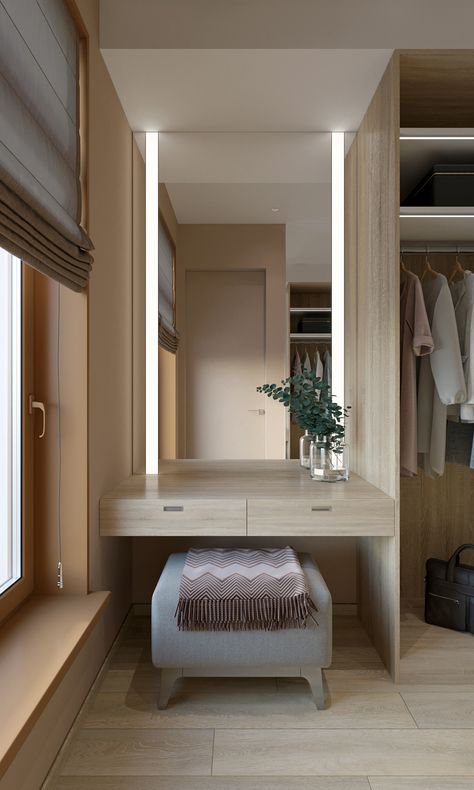 House in Moscow on Behance Open Closet With Vanity, Dressing Table Between Wardrobes, Closet With Vanity Built In, Minimalist Dressing Room, Built In Dressing Table, Vanity Nook, Dressing Table Mirror Design, Dressing Room Mirror, Interior Minimal