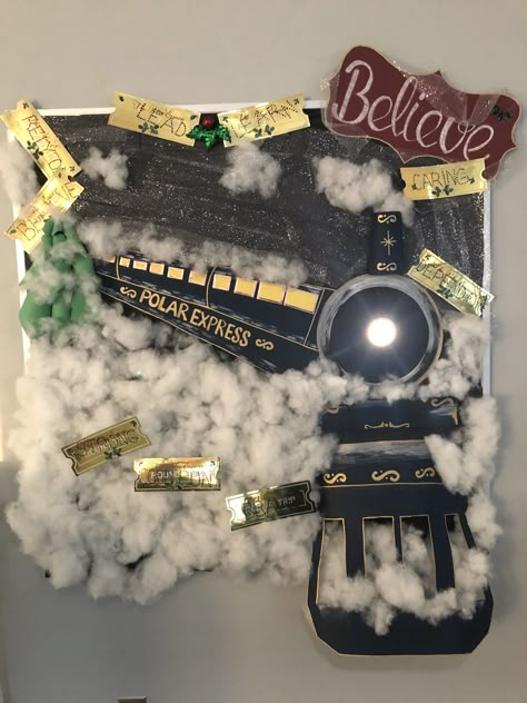 Bulletin Board ideas Polar express Train Christmas Bulletin Board Ideas Polar Express, Christmas Train Bulletin Board Ideas, The Polar Express Bulletin Board Ideas, Polar Express Board Ideas, Polar Express Bulletin Boards For School, Polar Express Trunk Or Treat Ideas, Polar Express Wreath, Polar Express Wall Decorations, Polar Express Display