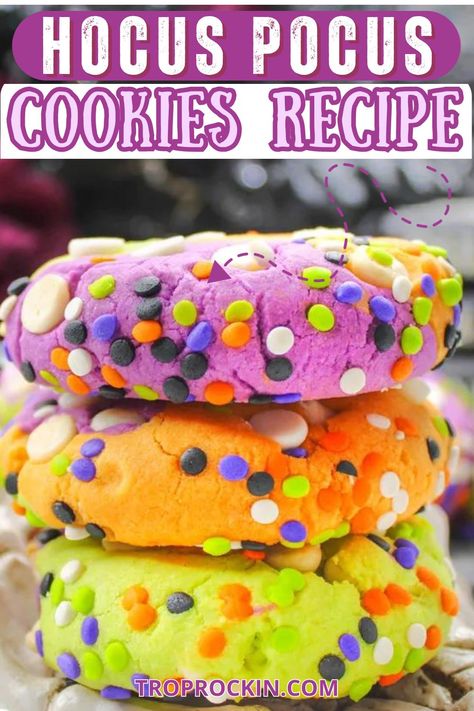 Bring magic to your Halloween with these colorful and delicious Hocus Pocus Cookies! Full of rich flavors and sweet sprinkles, they are perfect for any spooky celebration. Click here to get the recipe and make your Halloween dessert table irresistibly delish! Hocus Pocus Cookies Recipe, Halloween Cookies Hocus Pocus, Halloween Cookies With Sprinkles, Cake Mix Halloween Cookies, Bake Sale Treat Ideas, Hocus Pocus Recipes, Hocus Pocus Sugar Cookies, Hocus Pocus Dessert, Hocus Pocus Food Ideas