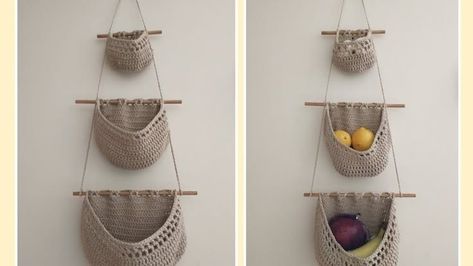 Crochet 3 Tier Hanging Basket, Crochet Hanging Produce Basket, Crochet Pattern For Hanging Basket, Crochet Fruit Holder, Crochet Basket Hanging, Crochet Hanging Fruit Basket Free Pattern, Hanging Basket Crochet Pattern Free, Crochet Hanging Fruit Basket, Crochet Hanging Basket Pattern Free