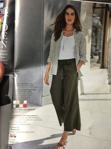 Tops That Go With Linen Pants, Natural And Relaxed Outfits, Linen Striped Shirt Outfit, Olive Green Pant Outfit, J Jill Outfits, Noor Aesthetic, Green Pant Outfit, Pant Outfit Ideas, Outfits 40s