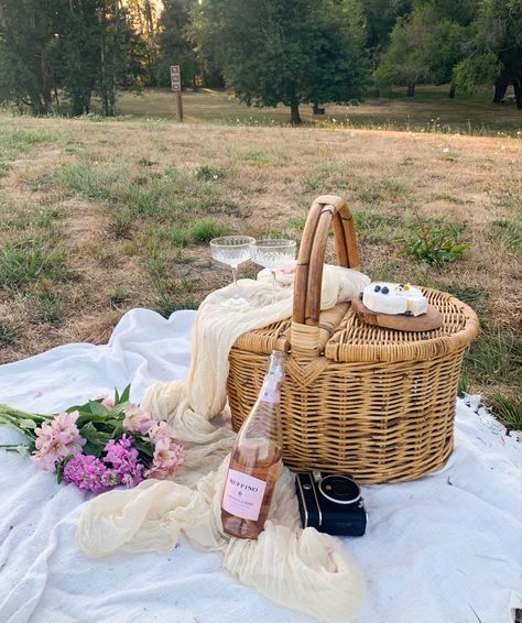 Picnic for two wine flowers wicker basket Polaroid photos blanket charcuterie Picnic Photoshoot Props, Picnic Basket Flowers, Cottage Core Photoshoot, Engagement Picnic, Cake Picnic, Wine And Flowers, Elopement Picnic, Birthday Pose, Picnic Engagement Photos