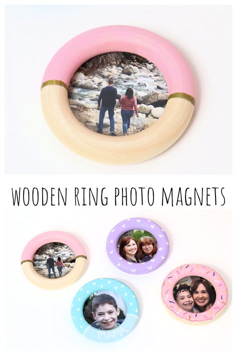 Wooden Ring Photo Magnets - Amy Latta Creations Photo Magnets Diy, Mini Photo Frames, Frosting Colors, Unique Magnets, Hand Lettering Practice, Magnet Crafts, Wood Ring, Wooden Ring, Lettering Tutorial