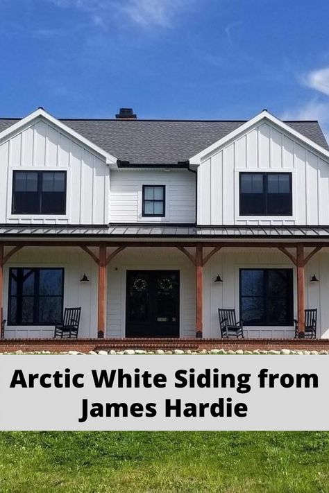 White siding with black windows is a perfect exterior design combination for a farmhouse. Seen here is Arctic White siding in a board and batten style. White Vertical Siding Exterior Black Windows, Gray And White Farmhouse Exterior, White Hardy Board Siding, Board And Batten Front Of House, Black And White Board And Batten Exterior, James Hardie Artic White Siding, Black Windows On White House, James Hardie Board And Batten Siding, White Siding Exterior Color Schemes