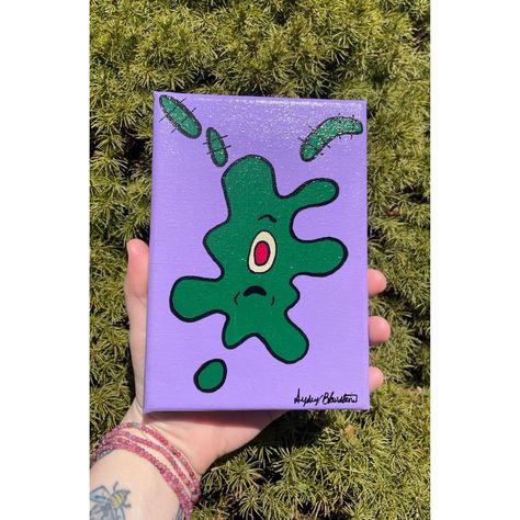 Squished Plankton Hand Painted Canvas 5x7in | Wall Art | Sponge Bob Square Pants Size: 5in X 7in (12.7cm X 17.78cm) Stretched Cotton Canvas. Hand Painted By Me With Tons Of Love & Care! Original Painting Idea By Me! Has A Grape Purple Background With A Squished Plankton In The Center. Perfect For Any Spongebob Squarepants Fan! Makes For A Great Gift Idea! Would Be Great In Any Space, Dorm Room, Bedroom Or Office! Has A Clear Coat Finish For Longer Lasting Use! Was Painted With Acrylic Paints! Ea But Painting On Canvas, Nice Easy Paintings, Cartoon Network Paintings Canvas, Sponge Bob Canvas Painting, Acrylic Painting Ideas On Canvas Easy, Paintings With Purple Backgrounds, Funny Small Paintings, Paint Canvas Ideas Easy, 8x10 Canvas Painting Ideas Easy