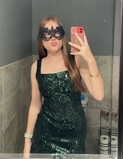 masquerade hoco theme; green body con dress aesthetic; party dress; kate spade bracelet; green sparkle dress Green Masquerade Dress, Dress Aesthetic Party, Masked Ball Outfit, Green Sparkle Dress, Aesthetic Party Dress, Theme Green, Aesthetic Party, Kate Spade Bracelet, Masked Ball