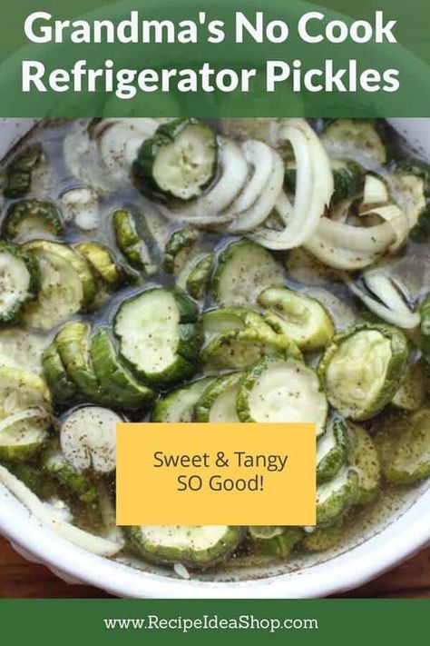 No Cook Refrigerator Pickles. A-MAZ-ing. Super easy. #grandmasnocookrefrigeratorpickels #refrigeratorpickles #pickles #comfortfood #recipes #glutenfree #recipeideashop Easy Refrigerator Pickles Sweet, Sweet Refrigerator Pickles Easy, Copycat Newks Pickles, Frigerator Dill Pickles, Frigerator Pickles, Easy Freezer Pickles, Quickles Pickles Thm, Quick Pickle Recipes Simple, No Cook Refrigerator Pickles