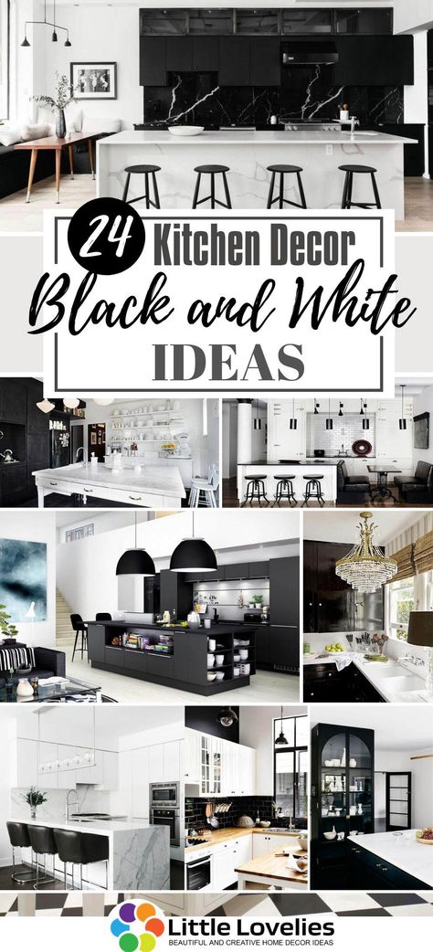 Are you planning a big kitchen makeover with black and white in mind? I have got you covered. Black and white can give your kitchen an amazingly outstanding look that will make your friends go “wow” when they see it.  I have listed 24 of the best black and white kitchen decor ideas that you can try out in your kitchen. If you are a true lover of black and white, you would love all the decor ideas listed in this article. Kitchen In Black And White, Back And White Kitchen, Flooring For Black And White Kitchen, Black Kitchen With White Island, Kitchen Ideas Black And White Decor, Black Kitchen Inspiration Farmhouse, Black Vs White Kitchen Cabinets, Black Gray And White Kitchen Decor, Black And White House Interior Decor Modern