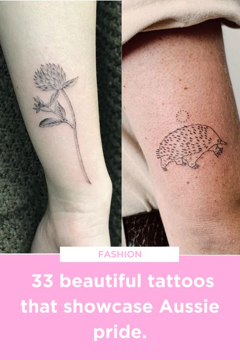 From Australian native flowers to wombats, echidnas and other iconic Aussie symbols. Here are 33 tattoo ideas to showcase your Aussie pride. Australian Flower Tattoo Ideas, Tattoo Australian Flowers, Simple Australian Tattoo, Tasmania Tattoo Ideas, Small Tattoos Australia, Australian Bush Tattoo, Australian Tattoos Women, Australia Tatoos Ideas, Australian Plant Tattoo