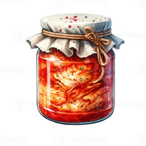 Watercolor illustration of kimchi jar with spicy fermented cabbage Kimchi Illustration, Homemade Recipe Books, Fermented Cabbage, Jar Stickers, Instagram Creative Ideas, Recipe Books, Pickle Jars, Homemade Recipe, Instagram Creative