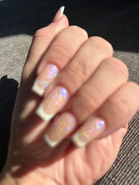 Long french tip acrylic nails wirh glitter top coat French Tip Acrylic Nails Glitter Sparkle, French Tips With Glitter Top Coat, Long French Tip Acrylic Nails, Glitter French Tip Nails, Long French Tip, Glitter French Tip, Colored French Tips, French Acrylics, Glitter French Tips