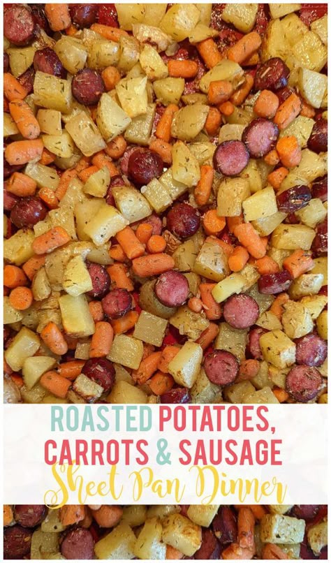 Roasted Potatoes, Carrots and Sausage Sheet Pan Dinner Sausage Potatoes Peppers Sheet Pan, Potato Carrots And Onions, Sausage And Carrots Recipe, Roasted Potatoes With Sausage, Red Potato Sheet Pan Dinner, Sausage Potatoes Sheet Pan, Sheet Pan Kielbasa And Veggies And Potatoes, Sheetpan Kielbasa And Potatoes, Sausage Pepper Potato Sheet Pan