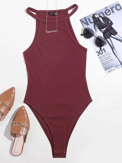 Rib-knit Halter Bodysuit | SHEIN USA Cute Bodysuits, Summer Bodysuits, Ribbed Knit Bodysuit, Halter Bodysuit, Body Outfit, Cami Bodysuit, Big Girl Fashion, Mama Style, Knit Bodysuit