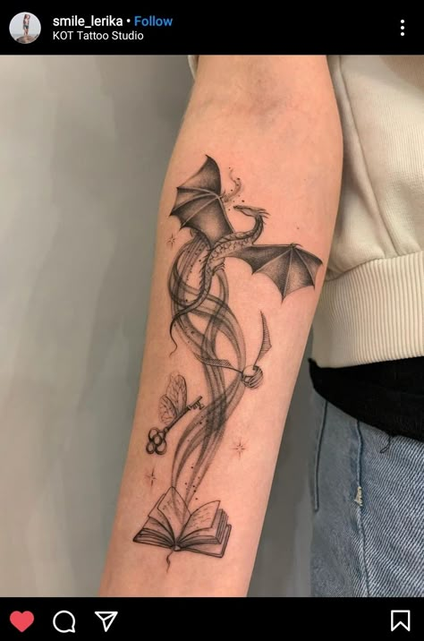 Fantasy Inspired Tattoo Sleeve, Cool Fantasy Tattoos, Harry Potter Back Tattoo Women, Dragon And Book Tattoo Ideas, Book And Dragon Tattoo Ideas, Book Dragon Tattoo For Women, Dragon Coming Out Of A Book Tattoo, Dragon Book Tattoo For Women, Magical Tattoo Sleeve