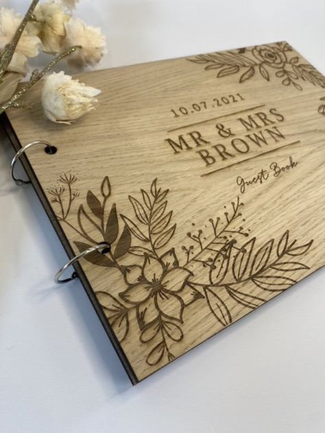 Wedding Guest Book Oak Wood Floral Wooden Engraved Photo | Etsy UK Signing Ideas, Guest Book Scrapbook, Wedding Album Cover Design, Alternative Wedding Guest Book, Wedding Album Cover, Wooden Wedding Guest Book, Book Scrapbook, Wood Guest Book Wedding, Wooden Guest Book