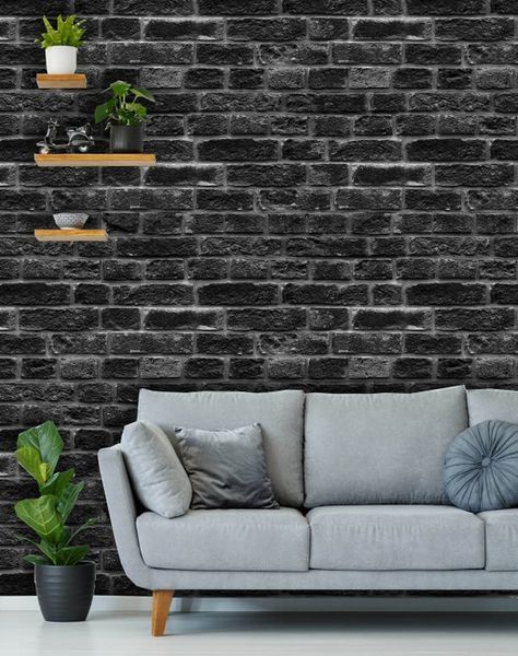 Removable Peel 'n Stick Wallpaper Self-Adhesive Wall image 3 Brick Accent Wall Living Room, Brick Removable Wallpaper, Wallpaper Rooms, Black Brick Wallpaper, Brick Wall Bedroom, Peel N Stick Wallpaper, Gray Brick, Painted Brick Walls, Wall Room Decor