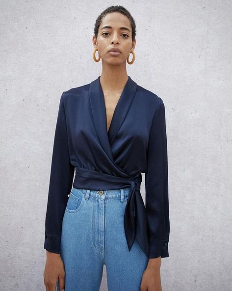 Wrap Blouse Outfit, Satin Top Outfit, Satin Top Blouses, Korean Blouse, Blue Mom Jeans, Pretty Quinceanera Dresses, Blouse Outfit, High Fashion Street Style, Wrap Blouse