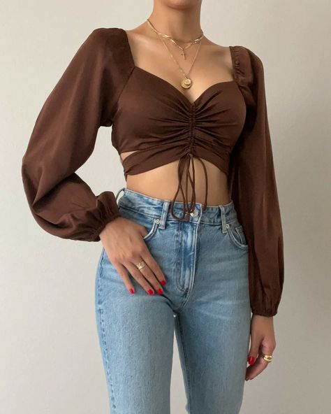 Crop Top Over Dress, Teen Clothes, Drawstring Detail, Colorful Crop Tops, Puff Long Sleeves, Small Crop Tops, Fitted Style, Ruched Bodice, Blazer Outfits