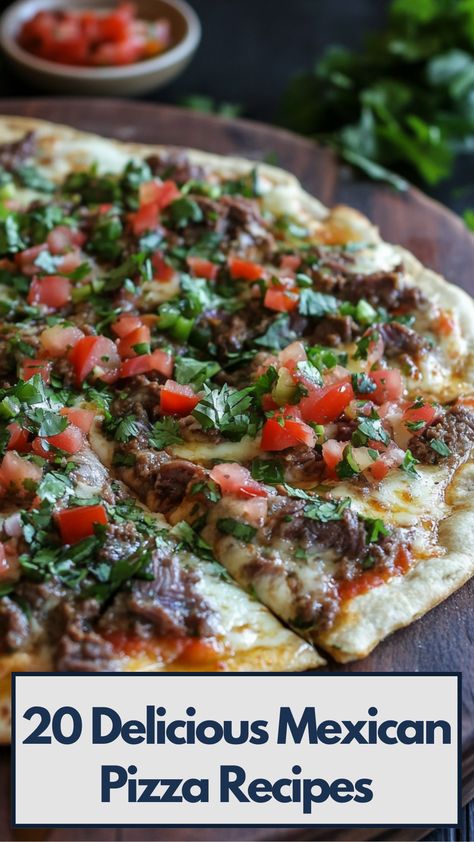 Close-up of a Mexican pizza topped with seasoned beef, fresh veggies, melted cheese, and zesty salsa, served on a wooden board with a side of fresh cilantro. Mexican Pizza Recipes, Mexican Flatbread Pizza, Mexican Pizza Casserole, Mexican Style Pizza, Mexican Flatbread, Easy Mexican Pizza, Fusion Foods, Mexican Pizzas, Mexican Pizza Recipe