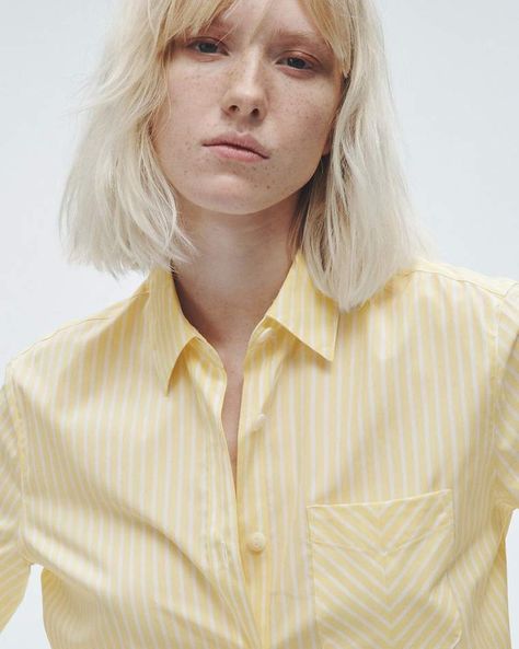 The Maxine is your timeless button-down elevated with shirring at the cuff and a mitered pocket. Crafted in our signature cotton poplin for the ultimate wardrobe staple. Yellow Stripe L Yellow Striped Shirt, New York Aesthetic, Cotton Poplin Shirt, Straight Leg Denim, Yellow Stripes, Button Front Shirt, Poplin Shirt, Cotton Poplin, Urban Fashion