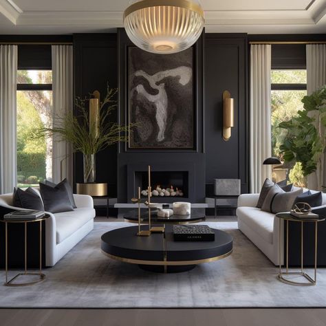 Dark Fireplace Wall, Seattle Decor, Luxury Contemporary Living Room, Dark Homes, Moody Rustic, Luxurious Living Rooms, Living Room Stands, Green Living Room Decor, Entrance Decoration