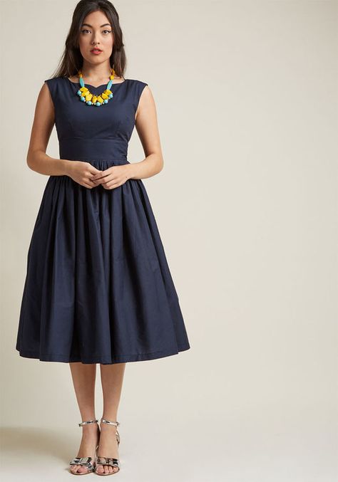 Fabulous Fit and Flare Dress with Pockets in Navy in XXS - Cap Fit & Flare Midi by ModCloth  #affiliate #oybpinners Graduation Dress For Mom, Womans Dresses, Convention Outfits, Plus Size Vintage Dresses, Curated Closet, Autumn Wardrobe, Mob Dresses, Estilo Chic, Grey Plaid