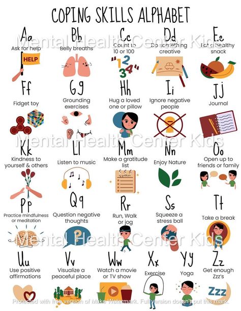 Coping Skills Alphabet Poster Abcs Of Coping Skills, A To Z Coping Skills, A-z Coping Skills, Coping Skills Alphabet, Coping Skills Bulletin Board Ideas, Coping Skills Bulletin Board, Art Therapist Office, Counseling Room, Coping Skills For Kids