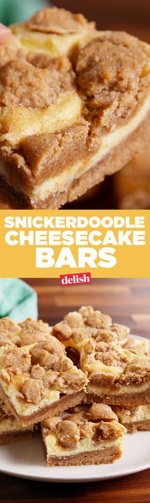 Snickerdoodle Cheesecake Bars are crumbly on top and gooey in the center. Get the recipe from Delish.com. Coconut Milk Cheese, Snickerdoodle Cheesecake Bars, Snickerdoodle Cheesecake, Snicker Doodle, Snickerdoodle Bars, Cake Coconut, Cheesecake Bar Recipes, Bar Cookies, Cake Bars