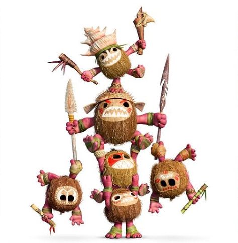 The Kakamora are a tribe of pirates that Moana and Maui encounter on their voyage. The Kakamora are a diminutive race donning armor made of coconuts. They live on a trash-and flotsam-covered vessel that floats freely around the ocean. Despite their cute appearance, they can be quite menacing and will relentlessly persue materials they deem valuable. They are the first adversaries Moana and Maui meet, and fancies the former's rooster, Heihei, after he swallowed the coveted heart of Te Fiti. Moana Coconut Pirates, Kakamora Moana, Moana Characters, Whats App Fails, Hei Hei Moana, Moana Maui, Te Fiti, Moana Theme, Hawaiian Party Decorations