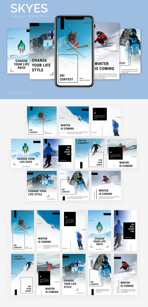 Ski Instagram Post and Story Templates PSD Sports Instagram Post, Ski Branding, Ski Instagram, Hockey Photography, Ski Magazine, Instagram Black Theme, Ski School, Ski Hotel, Canva Instagram Templates