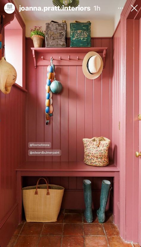 Pink Mudroom, Fun Mudroom, Colorful Mudroom, Pink Entryway, Eclectic Entryway, Laundry Room/mud Room, Narrow Shelves, Lake Cottage, House Things