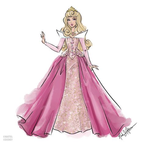 Sleeping Beauty Pink Dress, Disney Princess Dresses Drawings, Princess Dress Drawing, Sleeping Beauty Illustration, Cinderella Pink Dress Drawing, Vintage Barbie Sketches, Princess Aurora Concept Art, Cinderella Dress Illustration, Princess Aurora Dress