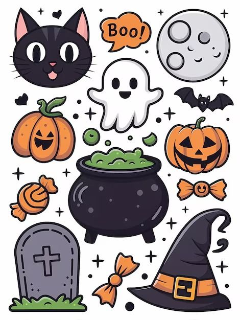 Walidberchid23 | Freepik Happy Halloween Clip Art, Halloween Sticker Ideas, Halloween Journal Ideas, Halloween Stickers Aesthetic, Halloween Desenhos, Cute Halloween Doodles, Cute Halloween Pumpkins, Ideas Para Halloween, Cute Halloween Stickers