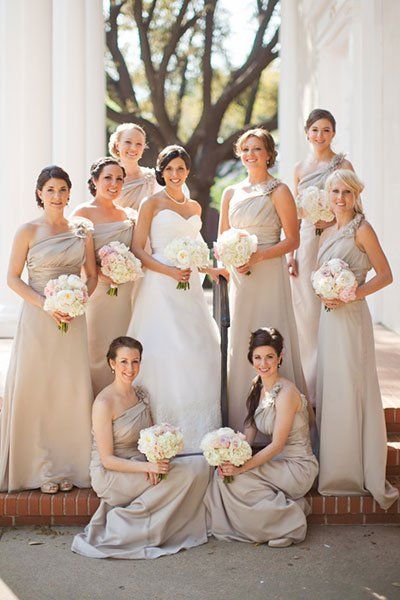 Chic Bridesmaids, Nude Bridesmaid Dresses, Beige Bridesmaids, Jlm Couture, Neutral Dresses, Beige Wedding, Dress Colors, Shoulder Dresses, Neutral Wedding